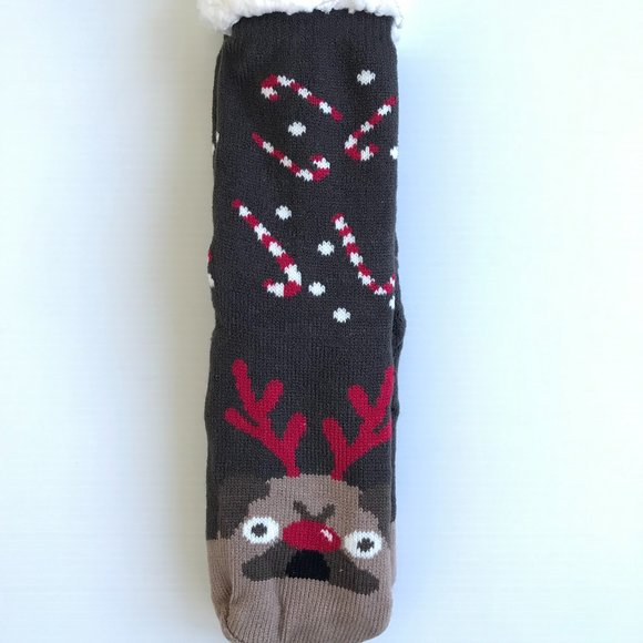 Candy Cane Reindeer Pug Sherpa Lined Slipper Socks - Picture 1 of 3